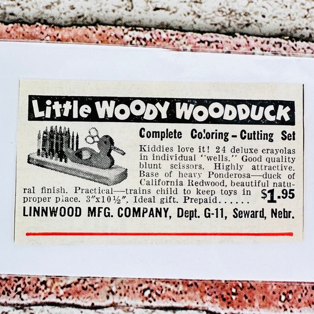 1949 Linnwood Little Woody Woodduck Toy Ad Retro Vtg Print Ad Whimsy Ephemera